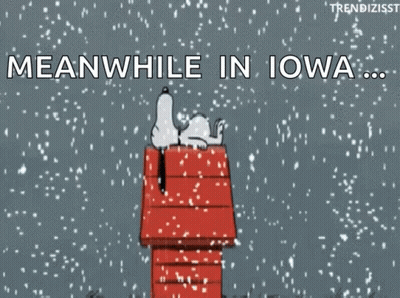 A Cartoon Of Snoopy Laying On A Chimney With The Words Meanwhile In Iowa Below Him GIF
