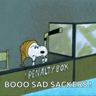 A Cartoon Of Snoopy Looking At A Penalty Box That Says Booo Sad Sackers . GIF