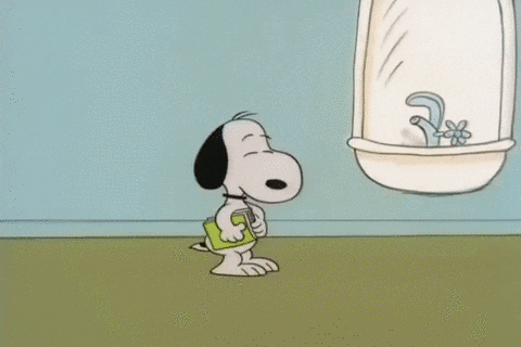 A Cartoon Of Snoopy Looking At His Reflection In A Bathroom Mirror GIF