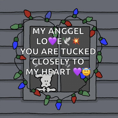A Cartoon Of Snoopy Looking Out Of A Window With Christmas Lights Around It And The Words My Anggel Love GIF