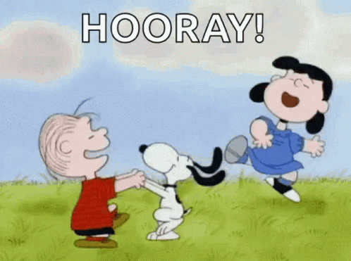 A Cartoon Of Snoopy , Lucy And Linus Dancing In A Field With The Words `` Hooray ! '' GIF