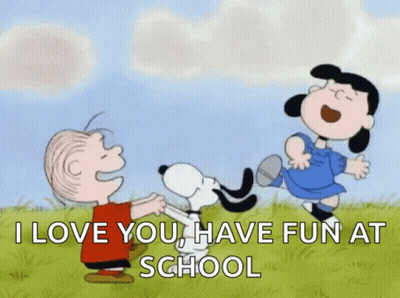 A Cartoon Of Snoopy , Lucy And Linus Saying I Love You , Have Fun At School GIF