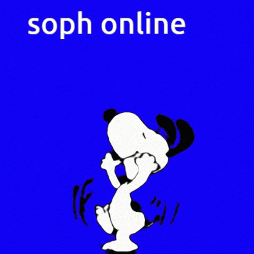 A Cartoon Of Snoopy On A Yellow Background With The Words Soph Online Above Him GIF
