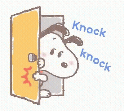A Cartoon Of Snoopy Peeking Out Of A Door And Knocking On It . GIF