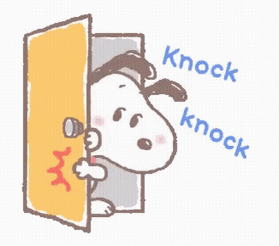 A Cartoon Of Snoopy Peeking Out Of A Door And Knocking On It . GIF