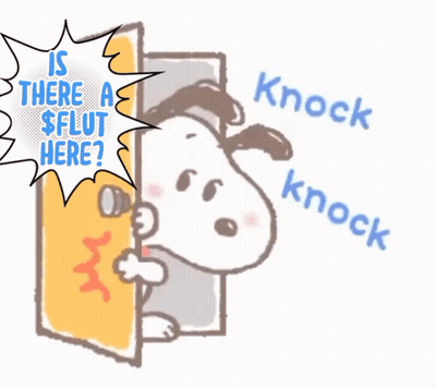 A Cartoon Of Snoopy Peeking Out Of A Door With The Words " Is There A $ Flut Here " Behind Him GIF