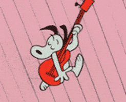 A Cartoon Of Snoopy Playing A Guitar On A Pink Striped Background GIF