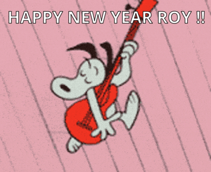 A Cartoon Of Snoopy Playing A Guitar With The Words Happy New Year Roy Written Below Him GIF
