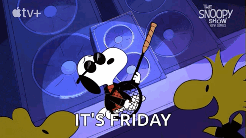A Cartoon Of Snoopy Playing A Guitar With The Words " It 'S Friday " Above Him GIF