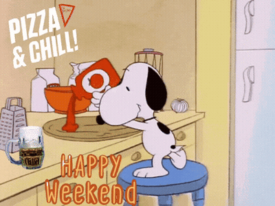 A Cartoon Of Snoopy Pouring Sauce Into A Bowl With The Words " Pizza & Chill " Above Him GIF
