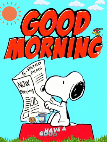 A Cartoon Of Snoopy Reading A Newspaper With The Words Good Morning GIF