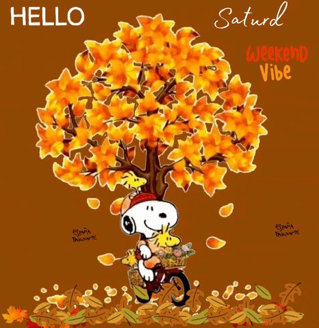 A Cartoon Of Snoopy Riding A Bike Under A Tree With The Words Saturda Weekend Vibe GIF