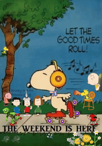 A Cartoon Of Snoopy Rollerblading With The Words " Let The Good Times Roll " GIF