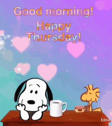 A Cartoon Of Snoopy Sitting At A Table With A Cup Of Coffee GIF