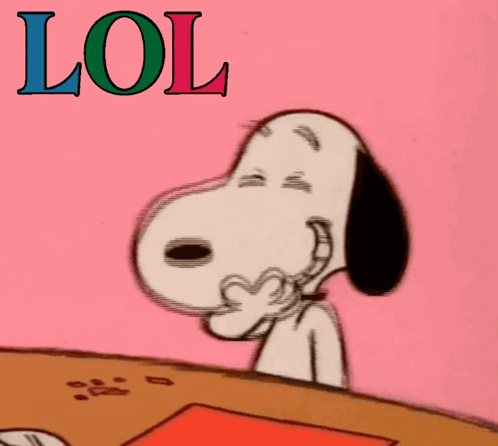A Cartoon Of Snoopy Sitting At A Table With The Word Lol Written Above Him GIF