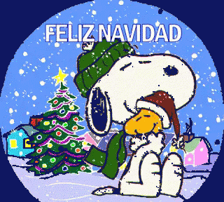 A Cartoon Of Snoopy Sitting In Front Of A Christmas Tree With The Words " Feliz Navidad " Above Him GIF