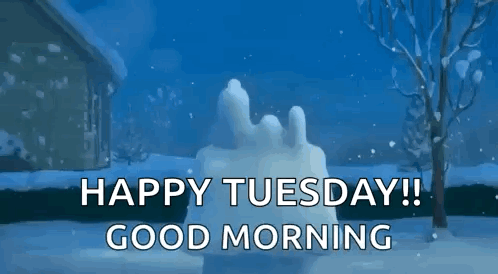 A Cartoon Of Snoopy Sitting On Top Of A Snowman With The Words `` Happy Tuesday ! Good Morning '' . GIF