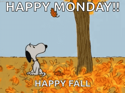 A Cartoon Of Snoopy Sitting Under A Tree Surrounded By Leaves With The Caption Happy Monday Happy Fall GIF