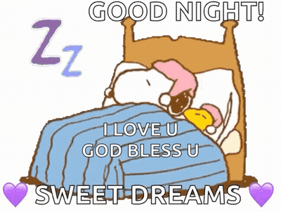 A Cartoon Of Snoopy Sleeping In A Bed With The Words Good Night I Love U God Bless U Sweet Dreams On It GIF