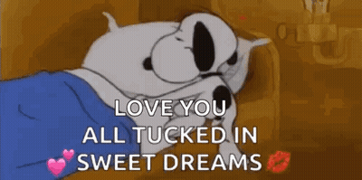 A Cartoon Of Snoopy Sleeping On A Bed With A Message That Says `` Love You All Tucked In Sweet Dreams '' GIF