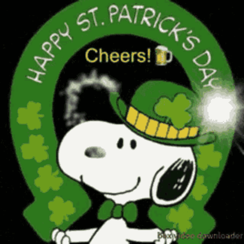 A Cartoon Of Snoopy Wearing A Green Hat With Shamrocks And The Words Happy St. Patrick 'S Day GIF