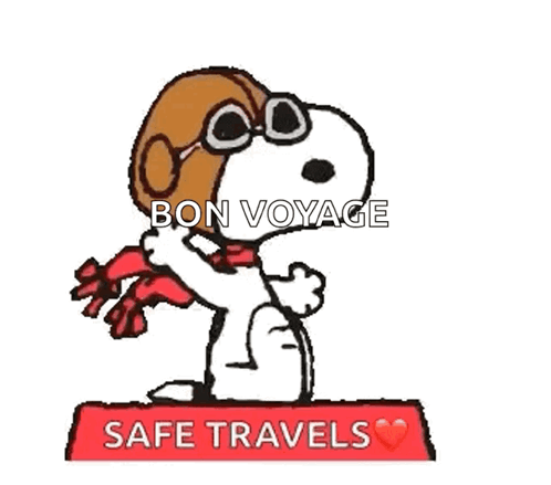 A Cartoon Of Snoopy Wearing A Hat And Scarf With The Words Bon Voyage Safe Travels Written Below Him GIF