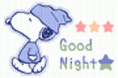 A Cartoon Of Snoopy Wearing A Pajama And A Hat With The Words `` Good Night '' Written Below Him . GIF