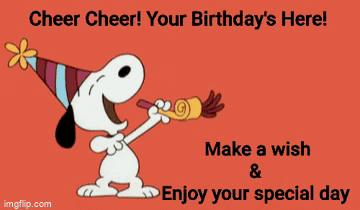 A Cartoon Of Snoopy Wearing A Party Hat Holding A Party Horn GIF