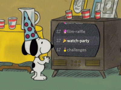 A Cartoon Of Snoopy Wearing A Party Hat Looking At A Tv Screen That Says Film-Raffle Watch-Party Challenges GIF