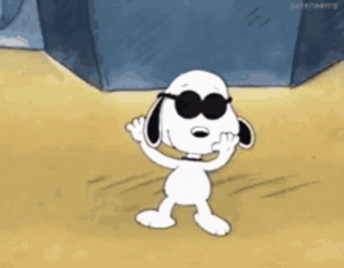 A Cartoon Of Snoopy Wearing Sunglasses Dancing On The Beach GIF