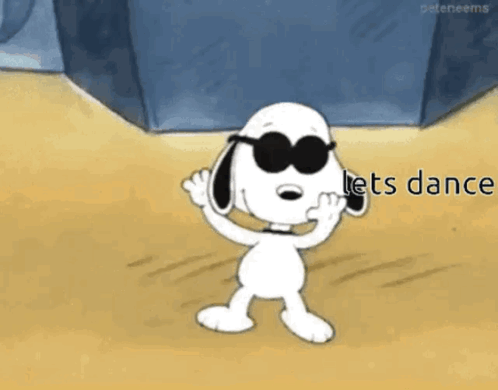A Cartoon Of Snoopy Wearing Sunglasses Is Dancing On The Beach . GIF