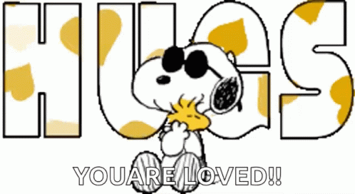 A Cartoon Of Snoopy Wearing Sunglasses With The Words Hugs You Are Loved Below Him GIF