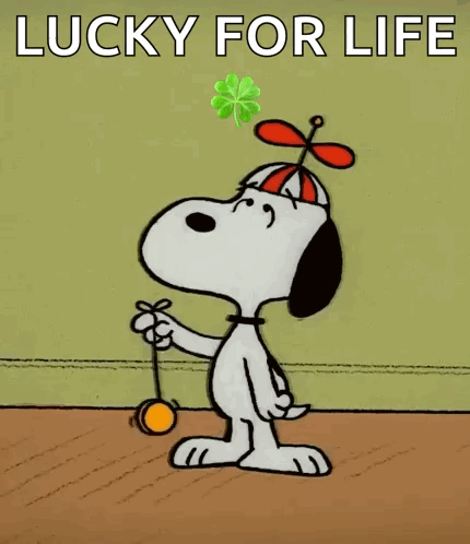 A Cartoon Of Snoopy With A Clover On His Head And The Words Lucky For Life Above Him GIF