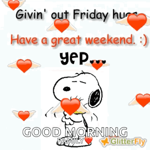A Cartoon Of Snoopy With Hearts Around Him And The Words " Givin ' Out Friday Hugs " GIF