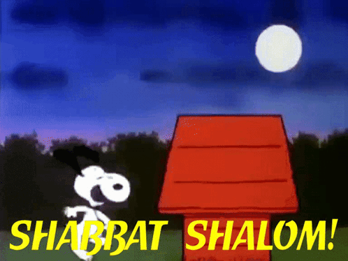 A Cartoon Of Snoopy With The Words Shabbat Shalom In Yellow Letters GIF