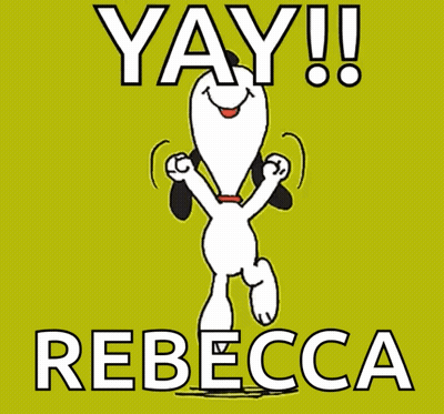 A Cartoon Of Snoopy With The Words Yay Rebecca GIF
