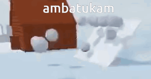 A Cartoon Of Snow Balls Being Thrown In Front Of A Log Cabin With The Words Ambatukam Above Them GIF