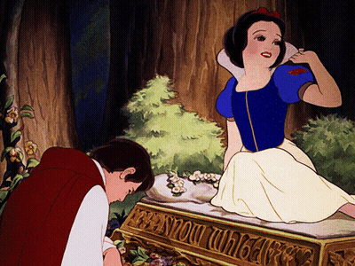 A Cartoon Of Snow White And Prince Charming Looking At A Treasure Chest GIF