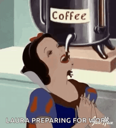 A Cartoon Of Snow White Drinking Coffee From A Coffee Maker . GIF