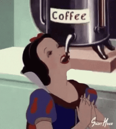 A Cartoon Of Snow White Drinking Coffee From A Coffee Pot GIF