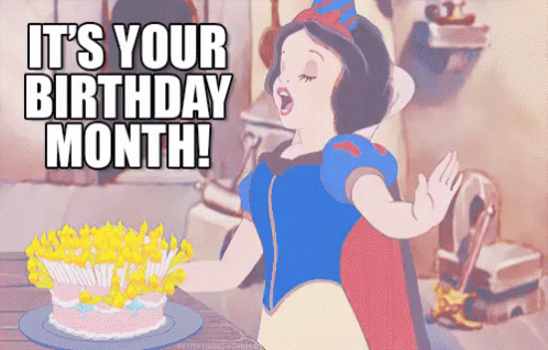 A Cartoon Of Snow White Holding A Birthday Cake With The Words It 'S Your Birthday Month GIF
