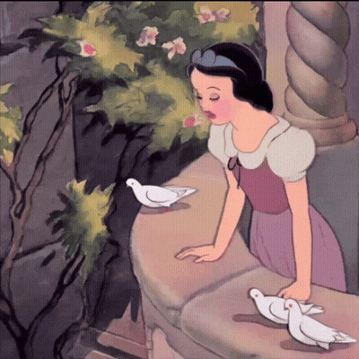 A Cartoon Of Snow White Looking At Two White Birds GIF
