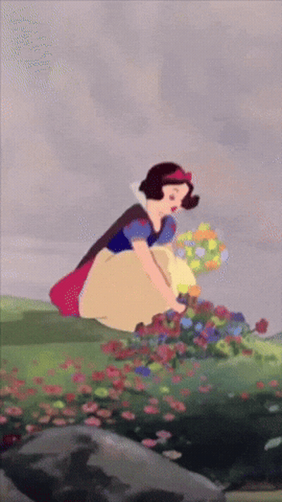 A Cartoon Of Snow White Picking Flowers From A Field GIF