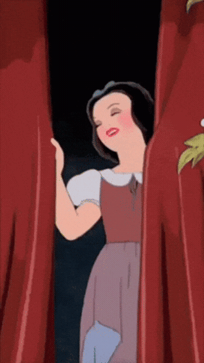 A Cartoon Of Snow White Standing Behind A Red Curtain With Her Eyes Closed GIF