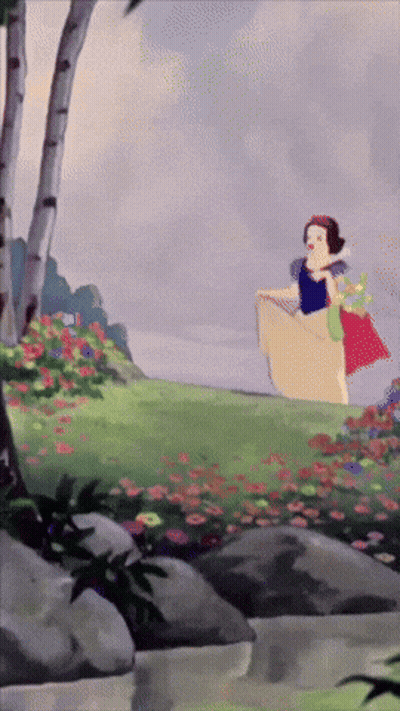 A Cartoon Of Snow White Standing In A Field With Flowers GIF