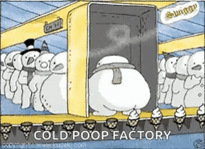 A Cartoon Of Snowmen Making Ice Cream Cones At A Cold Poop Factory GIF