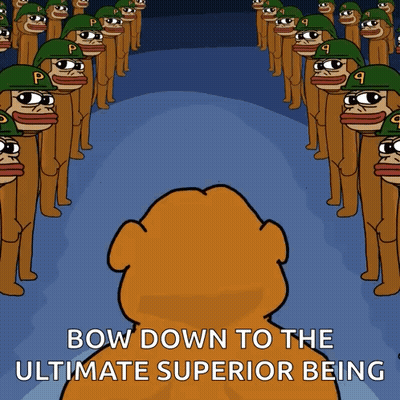 A Cartoon Of Soldiers With The Words " Bow Down To The Ultimate Superior Being " On The Bottom GIF