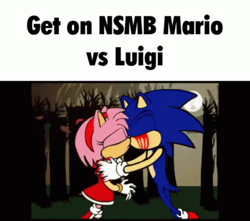 A Cartoon Of Sonic And Amy Kissing With The Words Get On Nsmb Mario Vs Luigi GIF