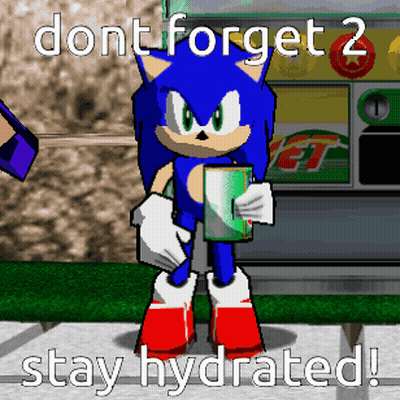 A Cartoon Of Sonic The Hedgehog Holding A Can Of Soda With The Words " Don T Forget 2 Stay Hydrated " Below GIF