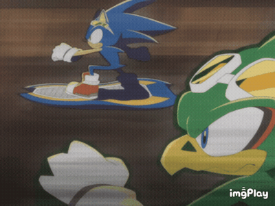 A Cartoon Of Sonic The Hedgehog Riding A Jet Ski Next To Another Cartoon Character GIF